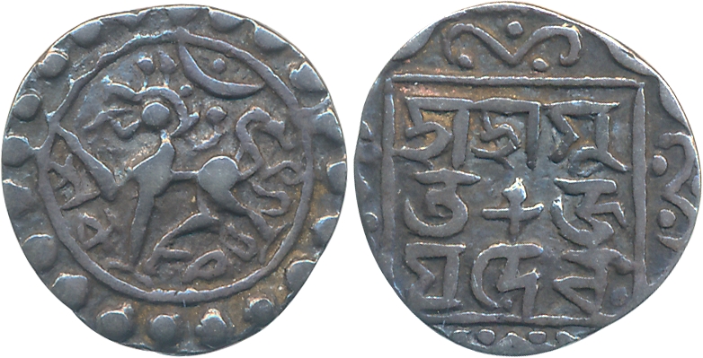 Jaya Manikya II (1739-1744), Silver 1/4 Tanka, 2.61g, SE 1661, Obv: Lion to left with cres