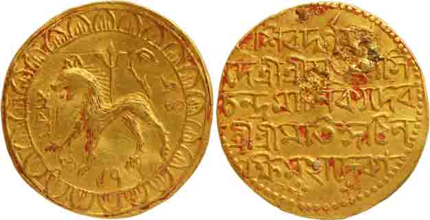 Kashi Chandra Manikya with Queen Kirti Lakshmi (1826-1830), Gold Nazarana Mohur, 10.34g, S