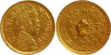Sayaji Rao III (1875-1938), Gold, 1/3 Mohur, 2.38g, VS 1952, Obv: Crowned bust of Maharaja
