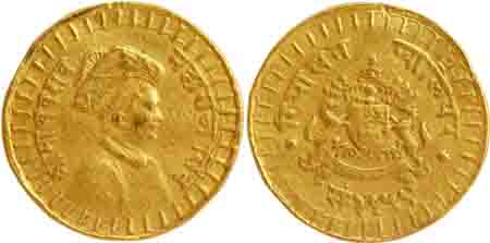 Madho Rao (1886-1925), Gold 1/3 Mohur, 3.36g, VS 1959, Obv: Portrait of Maharaja Madho Rao