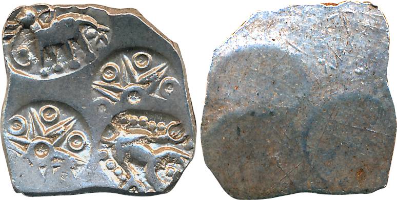 Punch Marked, Attributed to Vidarbha Janapada, Silver, 1/2 Karshapana, 1.74g, four symbol 