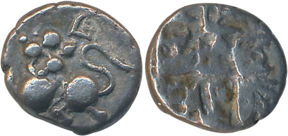 Kalachuris of Kalyana, Sankama Nishankamalla, Silver, 1.72g, Obv: lion striding to left wi