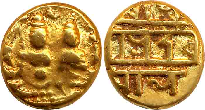 Vijaynagar Empire, Devaraya I, Gold Varaha, 3.37g, Obv: God Shiva & Parvati seated, Rev: T