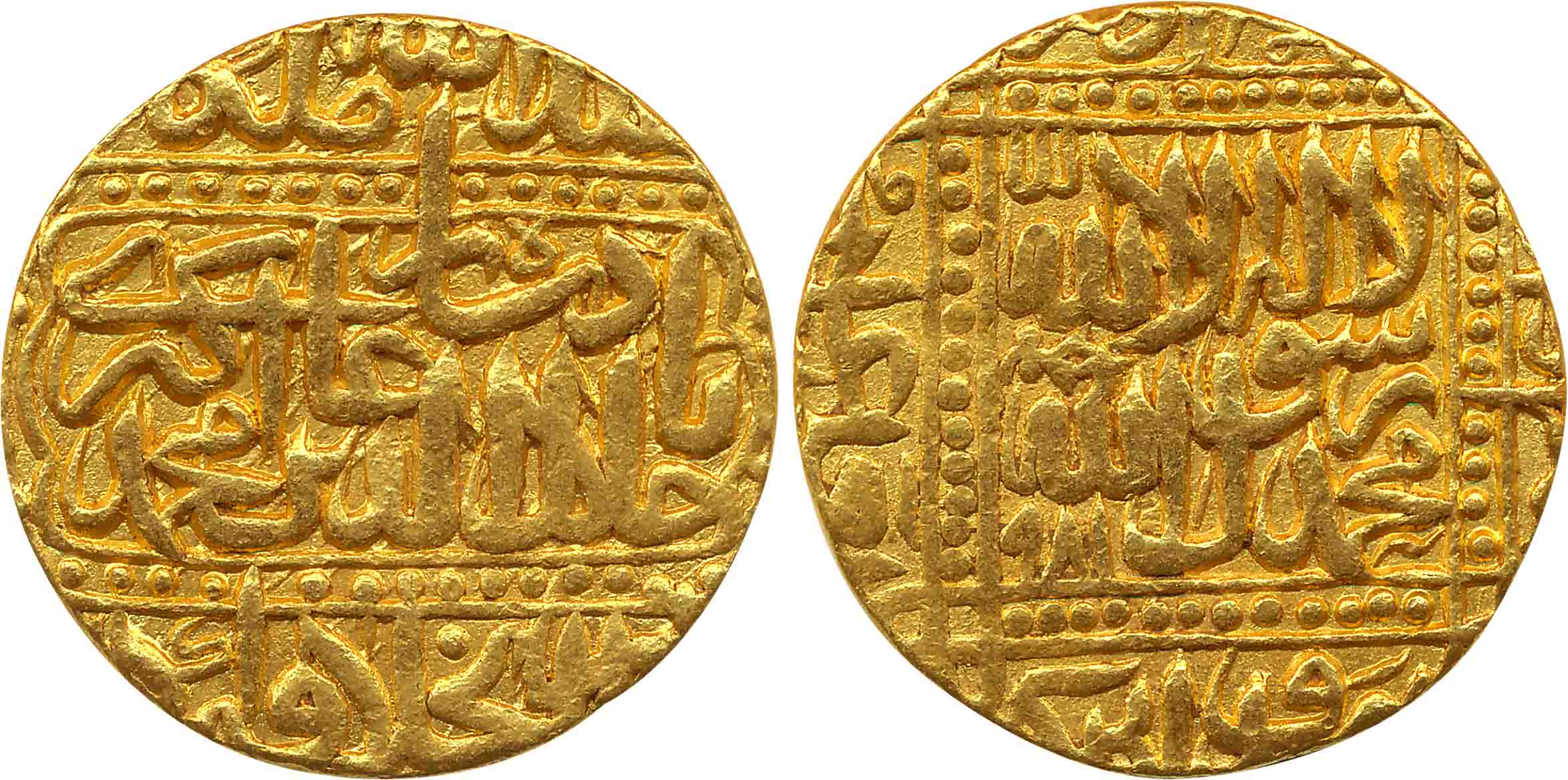 Akbar, Gold Mohur, 10.82g, "Kalima" type, Dar ul Khilafat Agra Mint, AH 981, Obv: legend w
