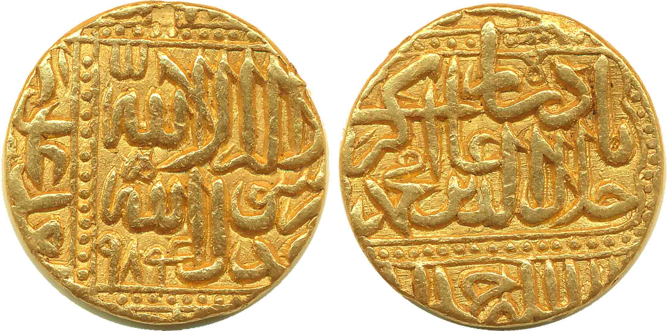 Akbar, Gold Mohur, 10.82g, Ahmedabad Mint, AH 984 (KM# 108.20). Tiny dent mark on edge oth
