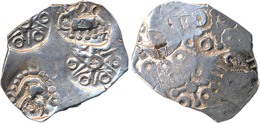 Punch Marked, Attributed to Vidarbha Janapada, Silver, 1/2 Karshapana, 1.67g, four symbol 