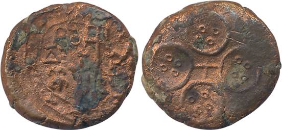 Ujjaini region, Copper, 4.30g, Obv: Tree in railing in centre, triangular headed standard 