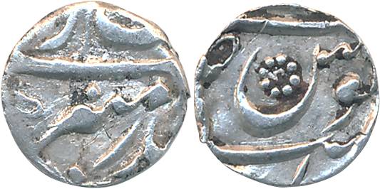 Aurangzeb, Silver 1/16 Rupee, 0.65g, Sholapur Mint (off flan but stylistically attributed)