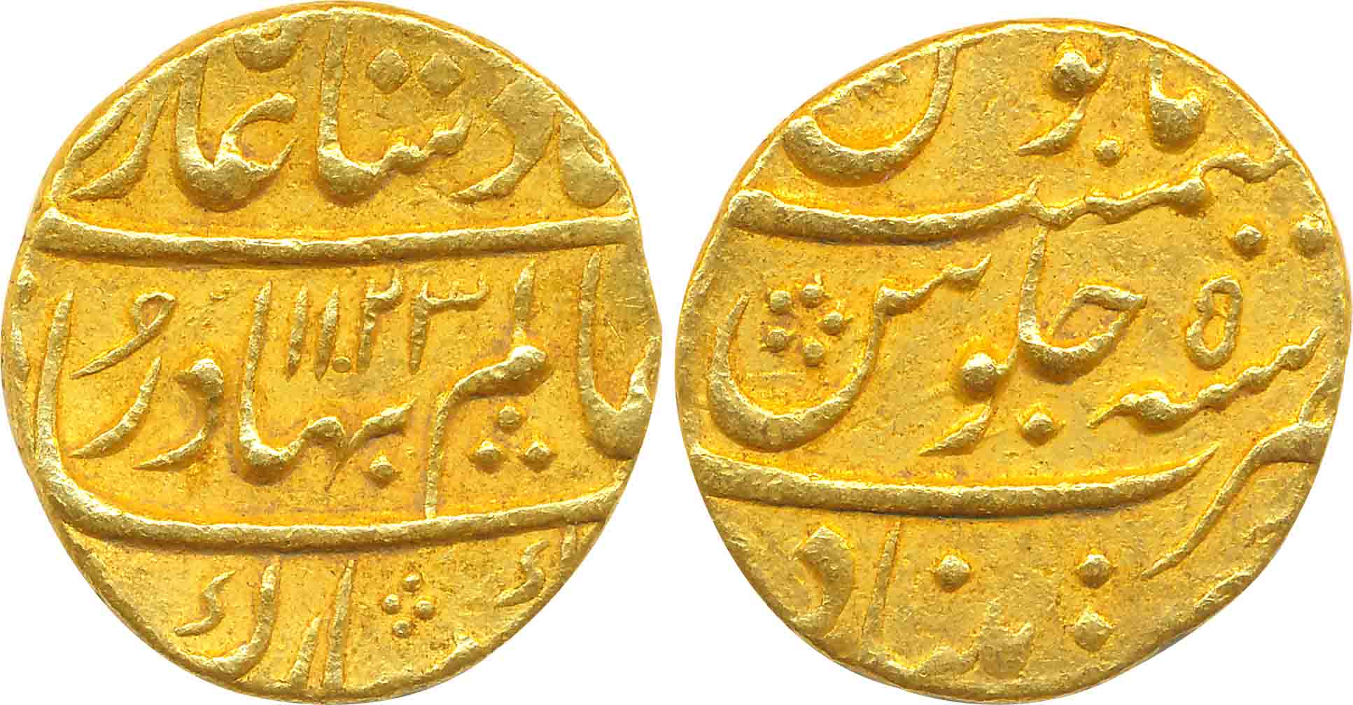 Shah Alam Bahadur, Gold Mohur, 10.99g, Khujista Bunyad Mint, AH 1123/ RY 5 (KM# 356.7). Ve