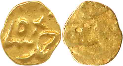 Ahmad Shah, Gold 1/2 Fanam, 0.20g, Karpa Mint (KM# B450.1). Very fine, scarce.