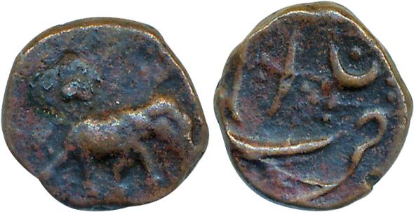 Copper 1/8 Paisa- Double Cash, 2.63g, Tarpatri Mint, Obv: Elephant to right, Rev: Mint nam