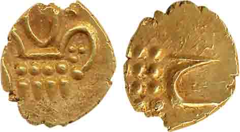 Hyder Ali, Gold Fanam, 0.54g, Obv: Crude figure of Lion to right, Rev: Persian "He" for Hy