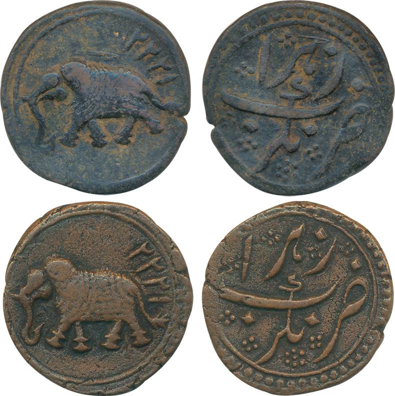 Tipu Sultan, Copper Paisa (2), 11.27g & 10.43g, Nagar Mint, AM 1222 (KM# 103.11). Very fin
