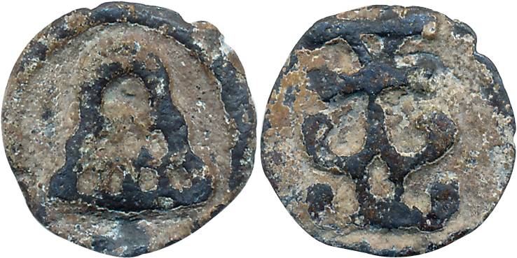 Chutu, Uninscribed, Lead, 2.16g, Obv: Eight arched hill, Rev: Srivatsa symbol with triangl