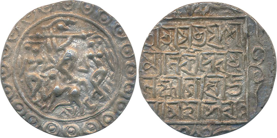 Yaso Manikya with Queen Laxmi, Gauri & Jaya, Silver Tanka, 10.51g, 2nd Region, SE 1522, Ob