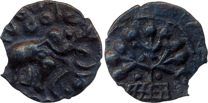 Satavahanas, Sri Satakarni, Nasik region, Potin, 1.85g, Obv: Elephant walking to right wit