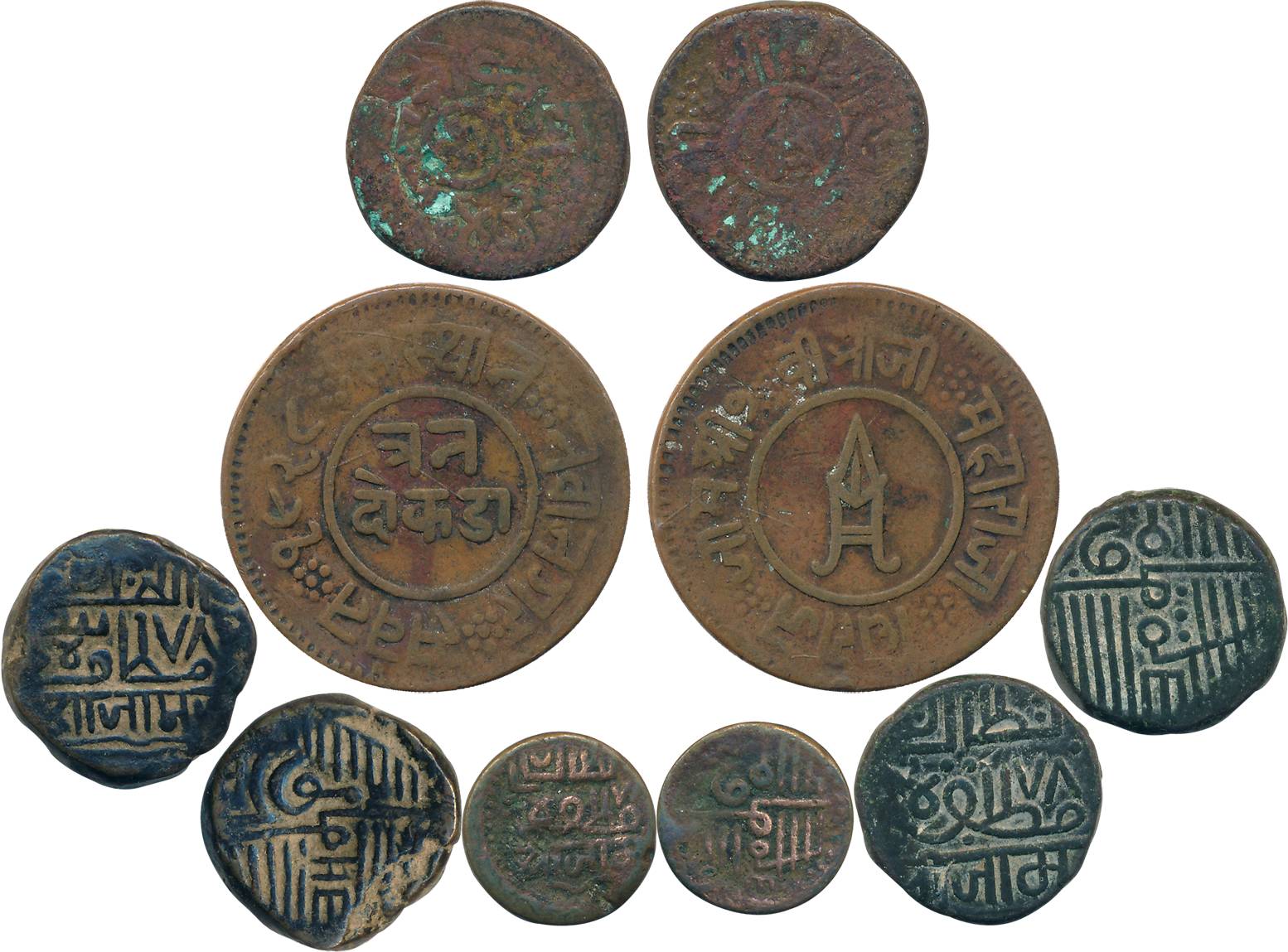 Copper (5), 18.69g, 12.29g, 11.85g, 9.54g, 2.85g, various types & denominations. Very fine