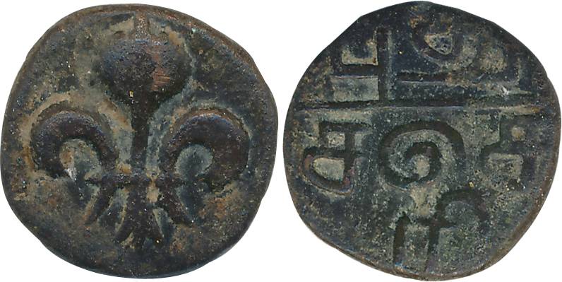 Pondichery, Copper Doudou, 3.81g, Obv: Fleur- de-lis, Rev: Tamil legend "Puducheri" (KM# 3