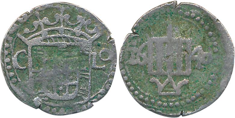 D. Fillipe III, Silver Tanga, 2.36g, 1640, Obv: Crowned arms, Rev: Gridiron of St. Lawrenc