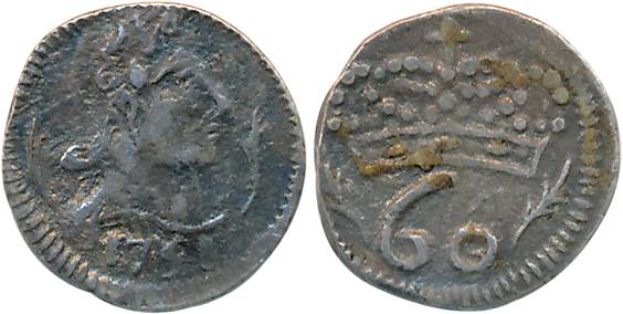 Goa, D. Jose, Silver 60 Reis- Tanga, 1.18g, 1751, Obv: Bust to right, date below, Rev: Cro