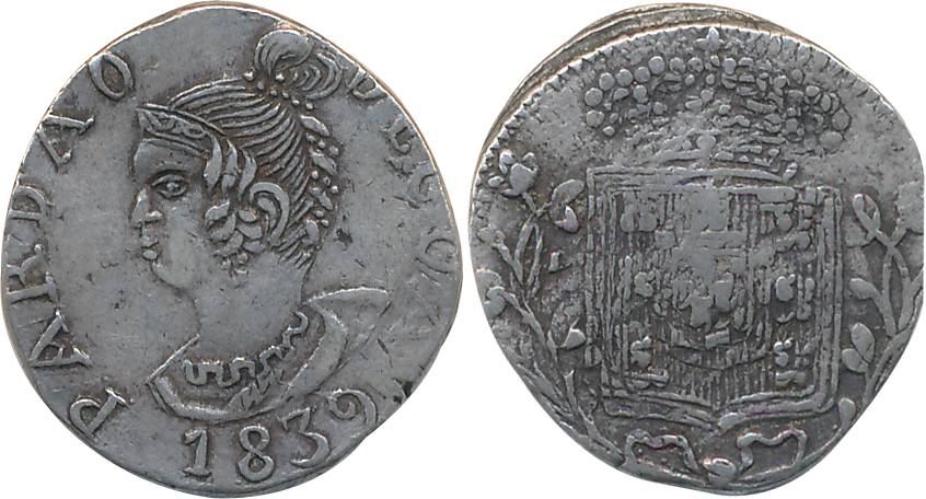 Goa, D. Maria II, Silver Pardau- 300 Reis, 5.34g, 1839, Obv: Bust to left, date below, Rev