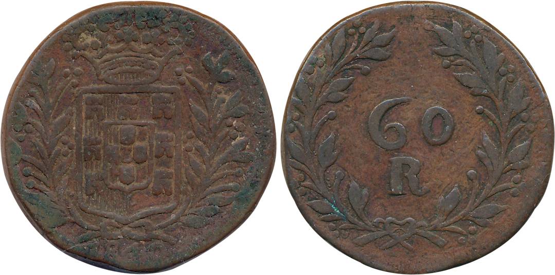 Damao- Daman, D. Maria II, Copper 60 Reis- Tanga, 39.56g, 1840, Obv: Crowned arms within s
