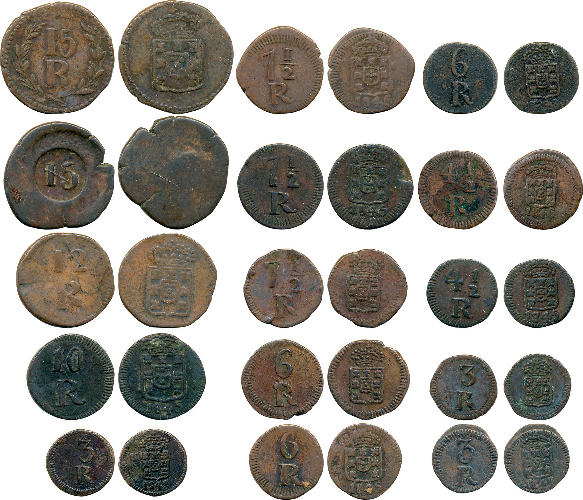 D. Maria II, Copper (15), 3 Reis (3), 4 1/2 Reis (2), 6 Reis (3), 7 Reis (3), 10 Reis, 12 