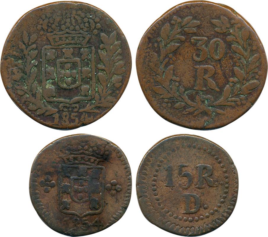 Damao- Daman, Pedro V, Copper (2), 30 Reis & 15 Reis, 19.54g, 9.28g, 1854, Obv: Crowned ar