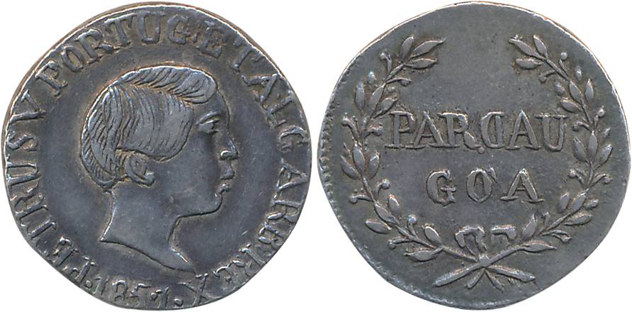 Goa, D. Pedro V, Silver Pardau- 300 Reis, 11.10g, 1857, Obv: Bust to right, legend around,