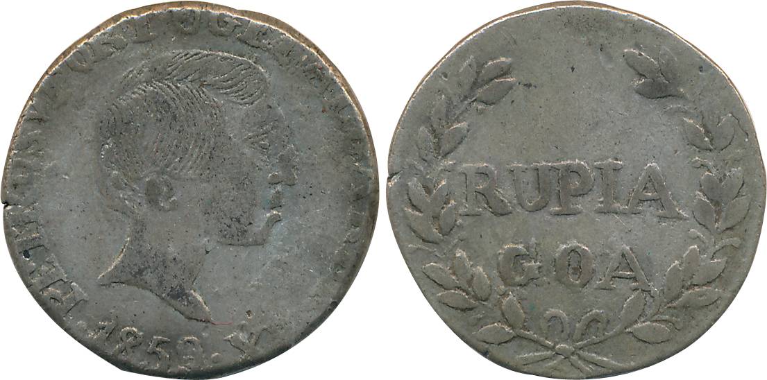 Goa, D. Pedro V, Silver Rupia- 600 Reis, 10.20g, 1859, Obv: Bust to right, legend around, 