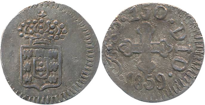 Diu, D. Pedro V, Silver 1/2 Pardau- 150 Reis, 1.89g, 1859, Obv: Crowned arms, Rev: Cross, 