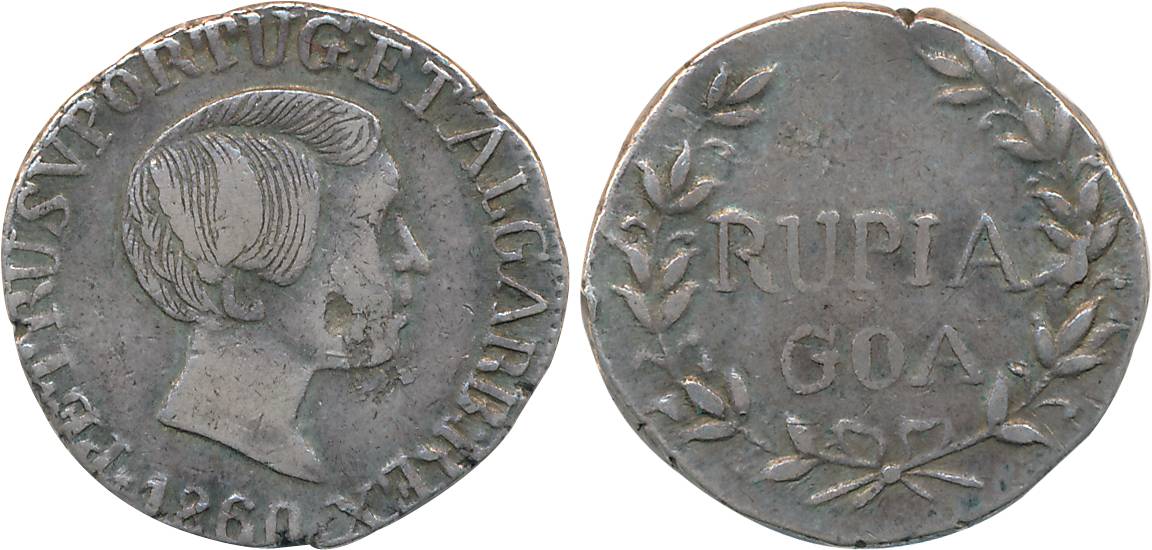 Goa, D. Pedro V, Silver Rupia- 600 Reis, 10.92g, 1860, Obv: Bust to right, legend around, 