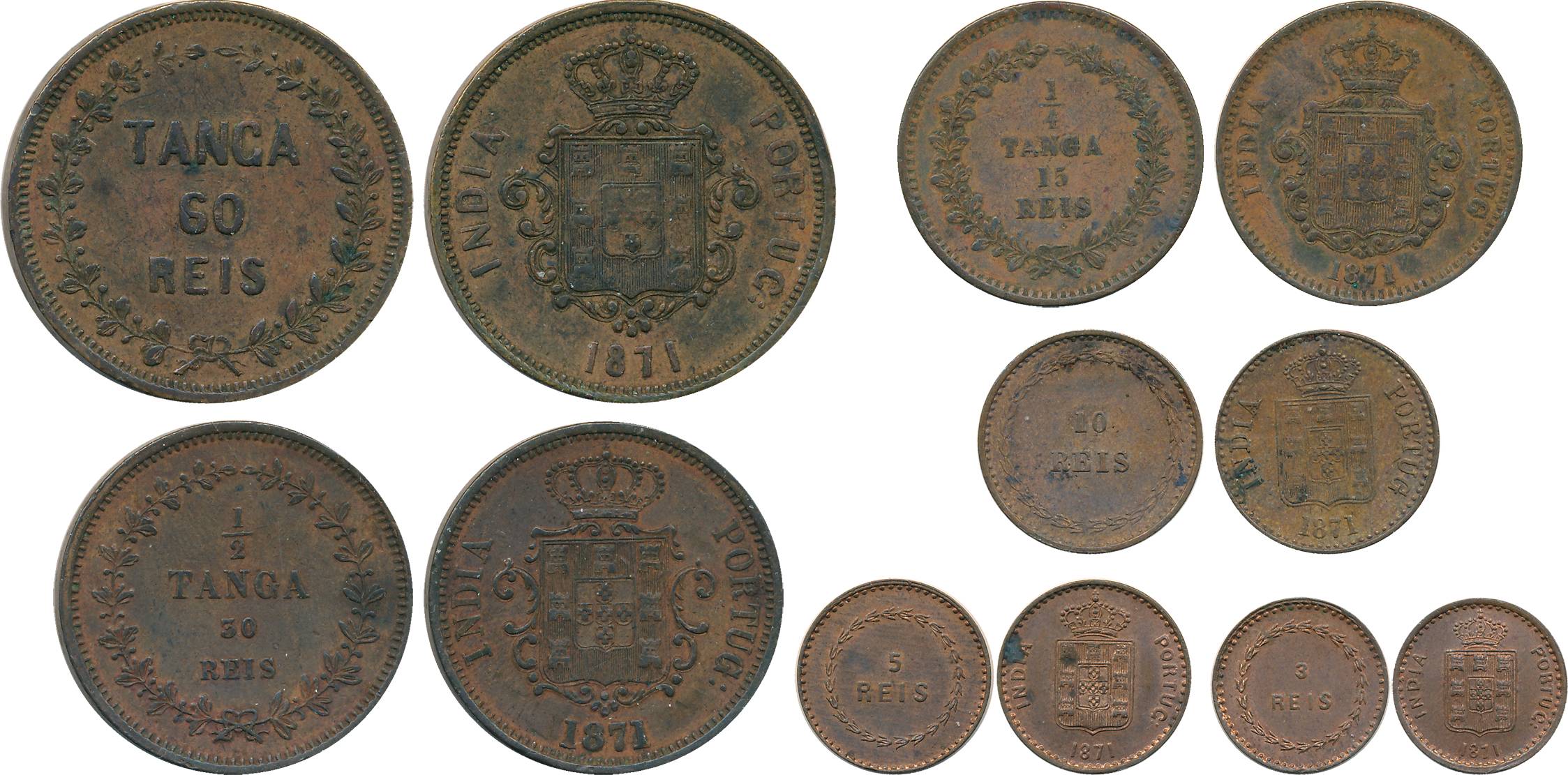 D. Luis, Reform coinage, Complete Set of Copper (6), 1871, Bombay Mint, 60 Reis- Tanga (Go