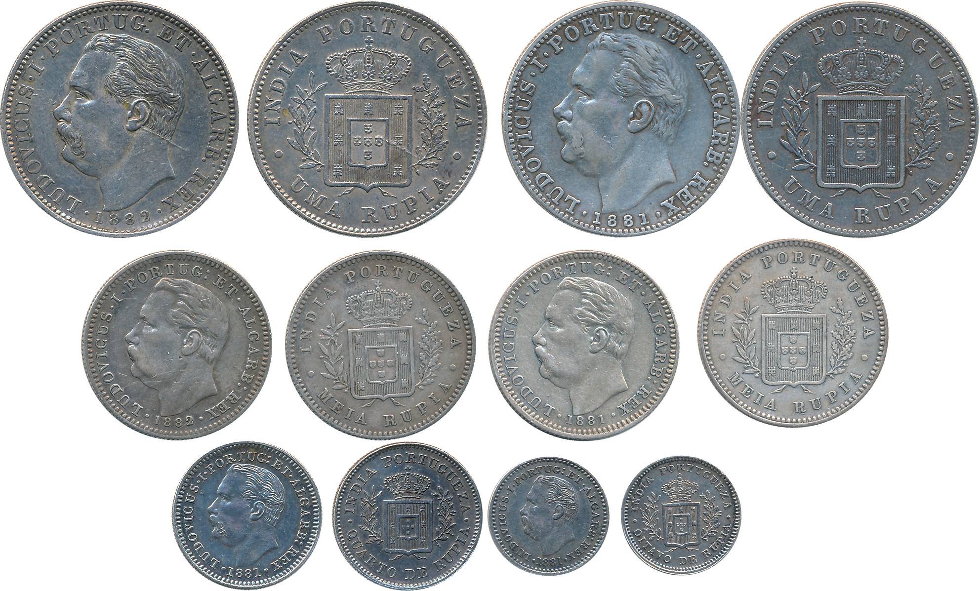 Luis, Silver (6), Rupee (2), 1881 & 1882 (KM# 312), 1/2 Rupee (2), 1881 & 1882 (KM# 311), 