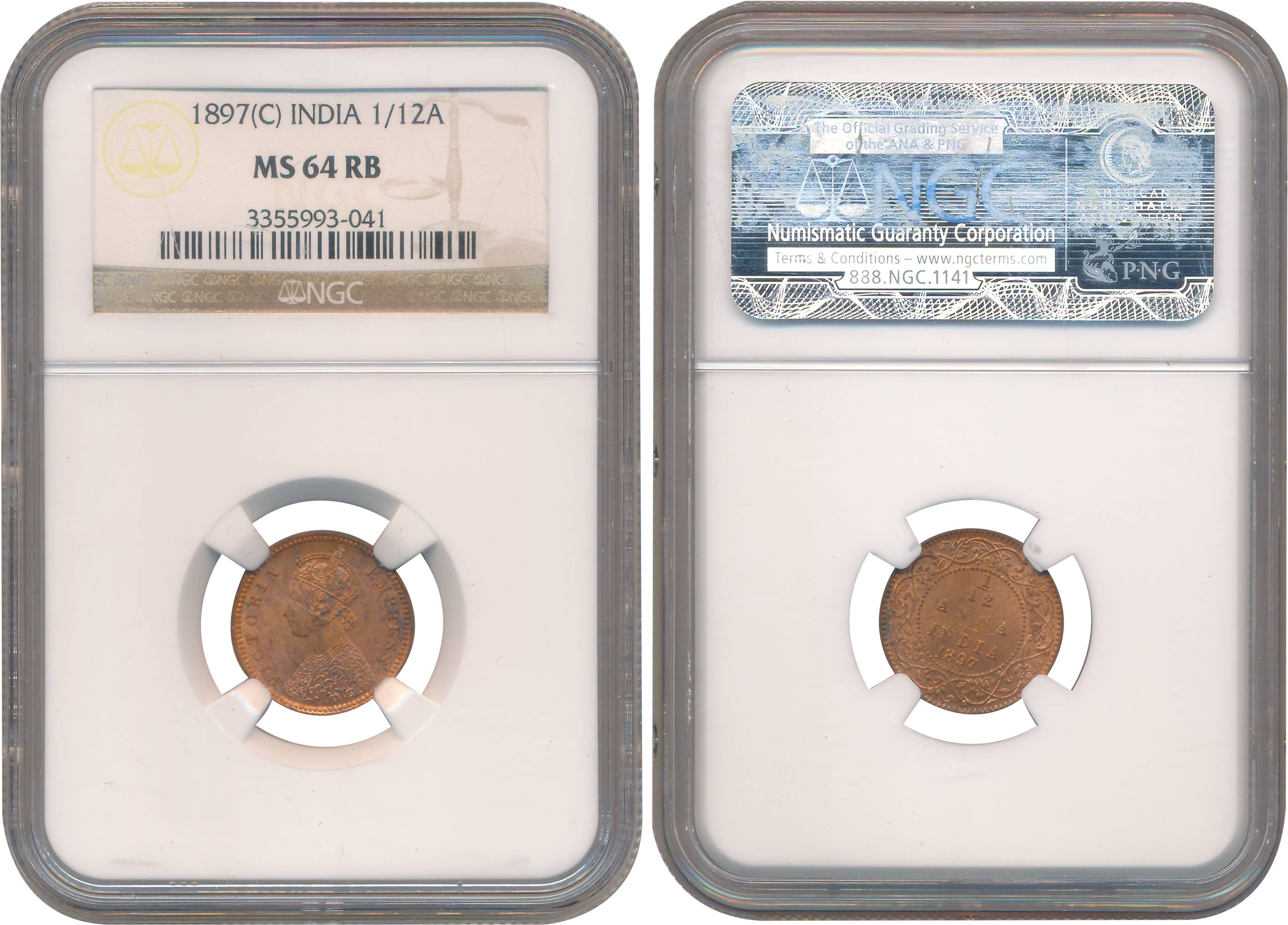 Victoria Empress, Copper 1/12 Anna, 1897, Calcutta Mint. Slabed & Graded by NGC as MS 64 R