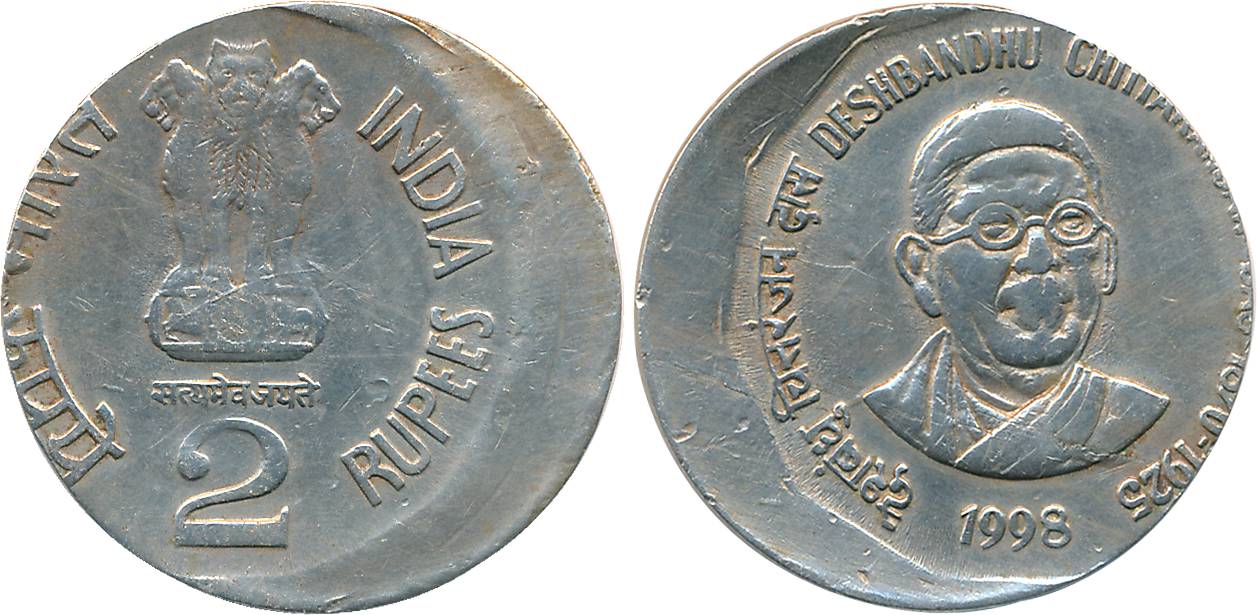 1998, Copper Nickel, Rupees 2, Error- Die Shifted on both sides, "Deshbandhu Chittaranjan 