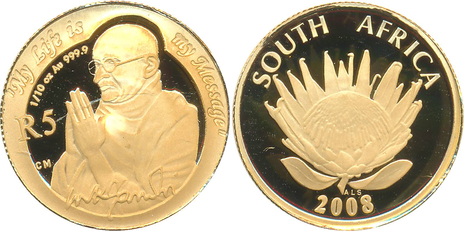 South Africa, Gold, 5 Rand, 3.12g, 2008, "Mahatma Gandhi". In original box of packing.