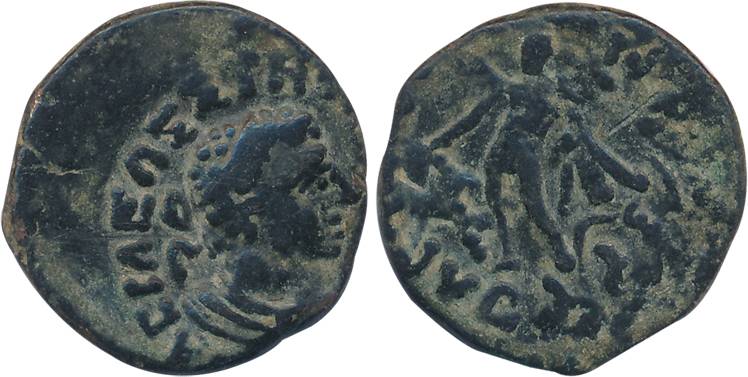 Kushan, Kujula Kadphises, Copper, 7.44g, Obv: Portrait copied from Indo Greek king Hermaio