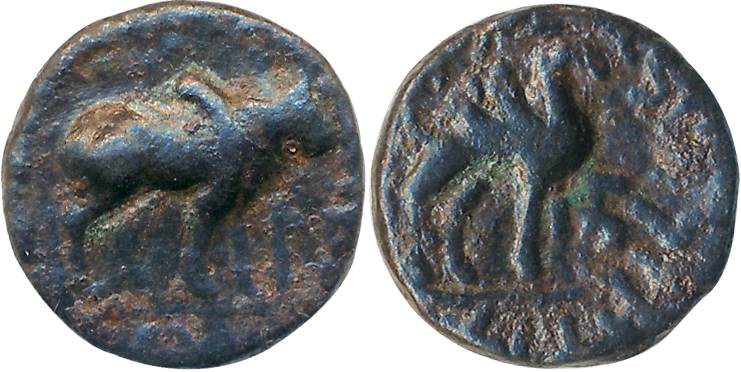 Kushan, Vima Taktu, Copper, 3.75g, Obv: Humped Bull to right, Rev: Camel to right, monogra