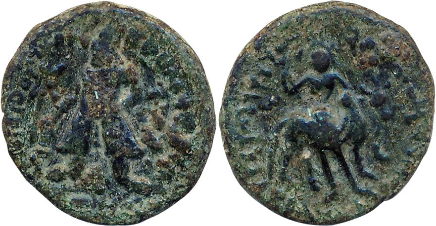 Kushan, Vima Kadphises, Copper, 3.64g, Obv: King wearing tunic, trousers & elongated diade
