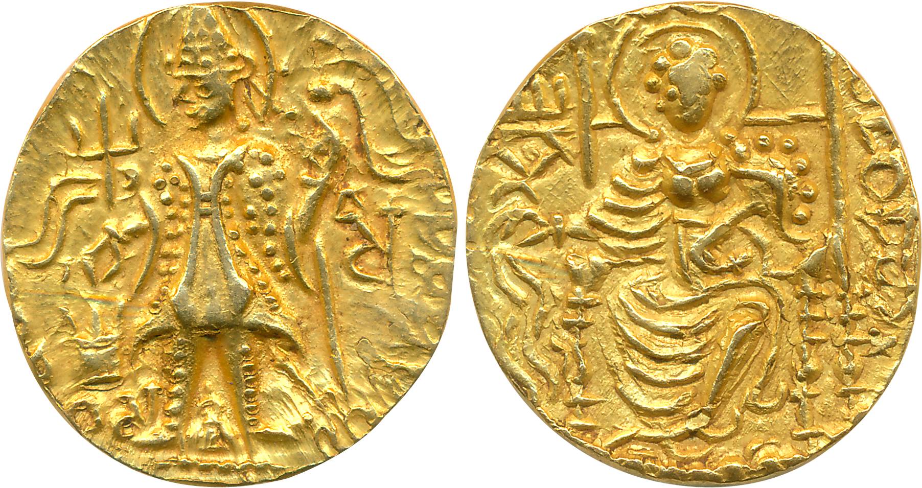 Kushan, Vasudeva II, Gold Dinar, 7.91g, Obv: King Vasudeva standing facing left, sacrifici