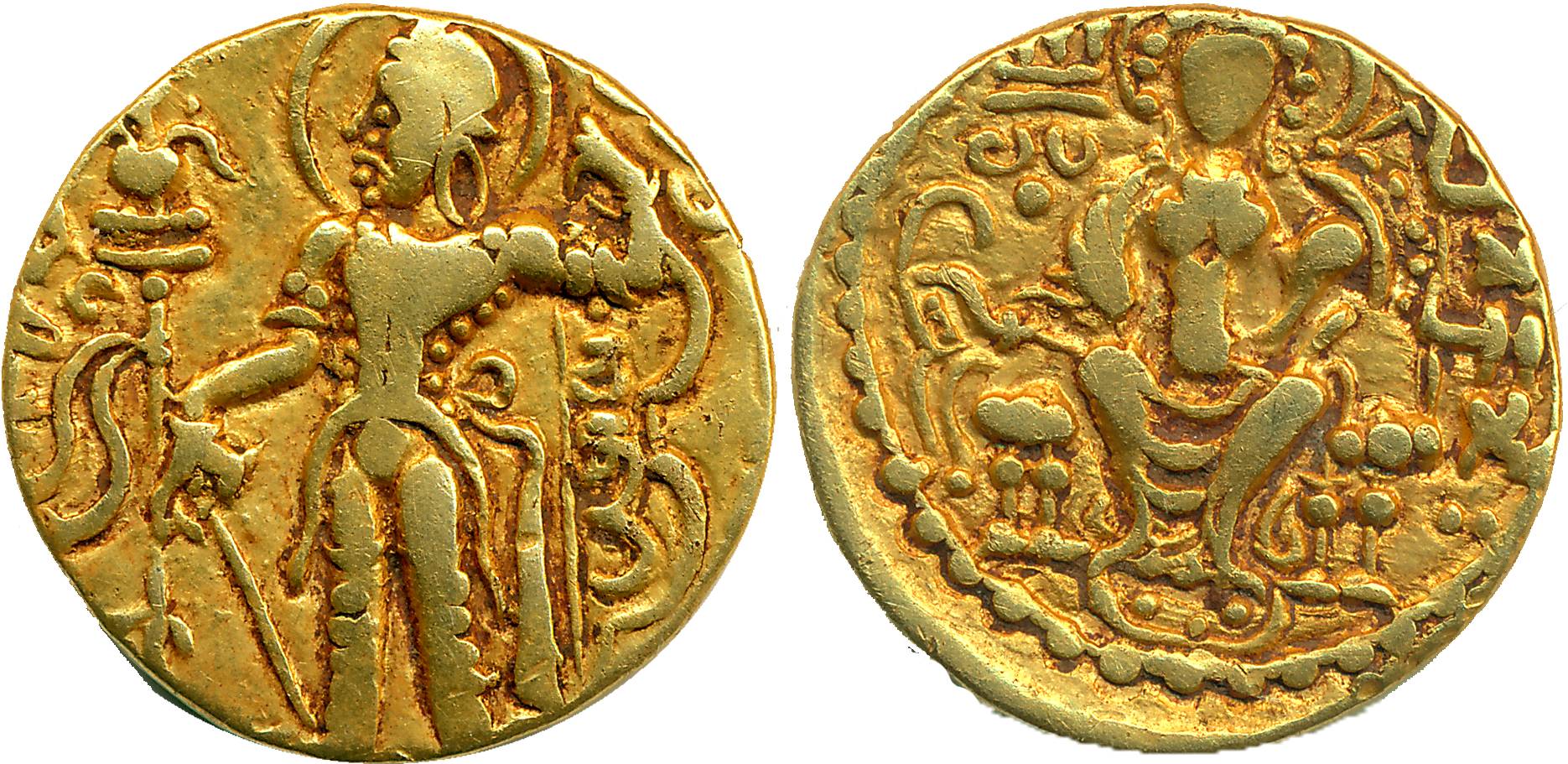 Guptas, Chandragupta I, Gold Dinar, 7.89g, "Archer-Goddess on Throne" type, Obv: Nimbate k