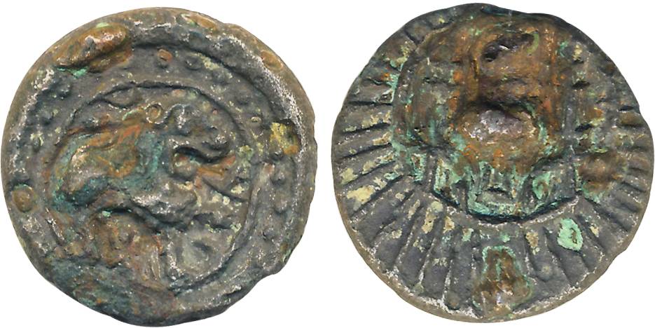 Vishnukundin, Andhra Region, Copper base Alloy, 5.45g, Obv: Lion facing right front Srivat