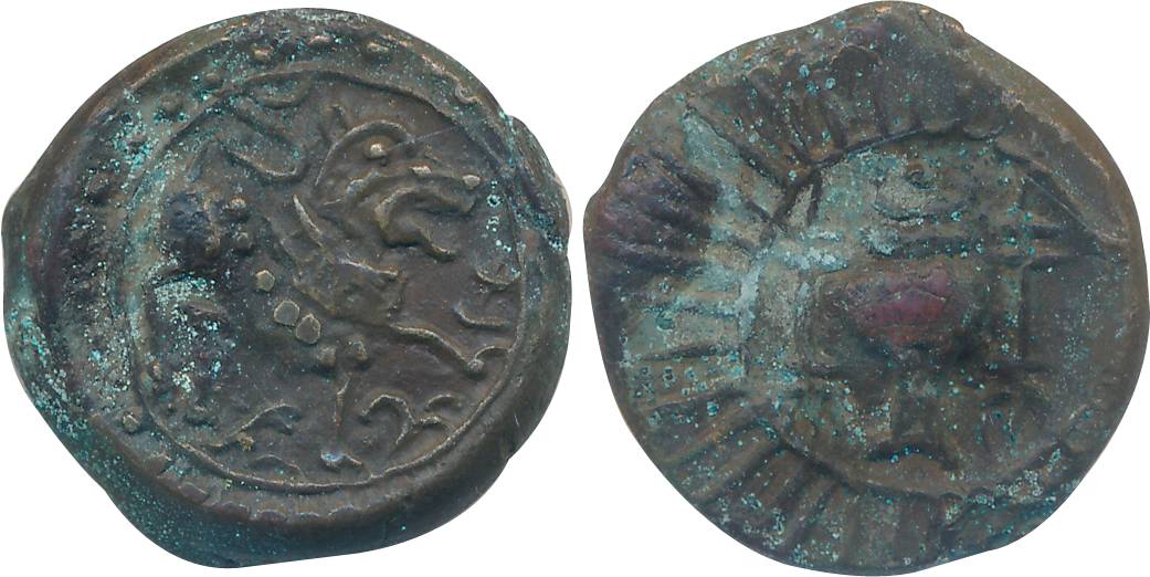 Vishnukundin, Copper, 7.56g, Obv: Lion walking to right, Rev: Conch flanked with lamp-post