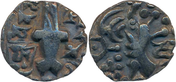 Karkotas Kashmir, Vigrahatunga, Debased Gold Dinar, 7.39g, Obv: Crude copy of Kidarite sta