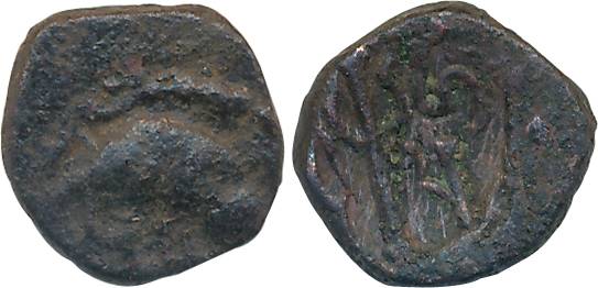 Probably Chalukyas of Gujarat, Copper, 1.53g, "Boar" type, Obv: boar standing right, Rev: 