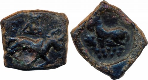 Taxila, Uninscribed die-struck, Copper, 2.21g, Obv: Humped bull walking to right, three-ar