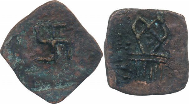 Taxila local coinages, Copper, 1.97g, Obv: Bold Swastika in centre, Rev: Unidentified symb