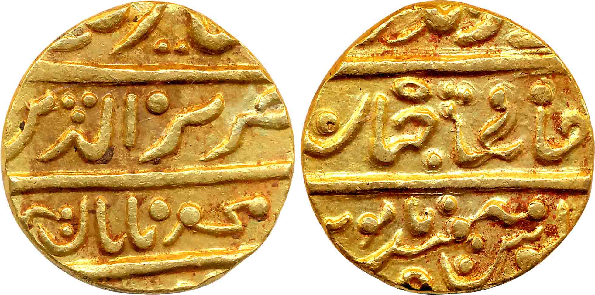 Alamgir II, Gold, Mohur, 10.79g, Shahjahanabad Mint, RY 5, with couplet incorporating full