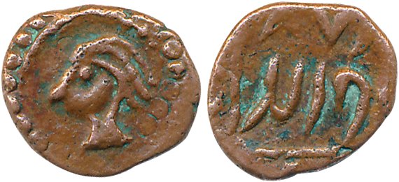 Copper, 0.99g, Obv: Portrait facing left within dotted circle, Rev: Persian legend "Wala".